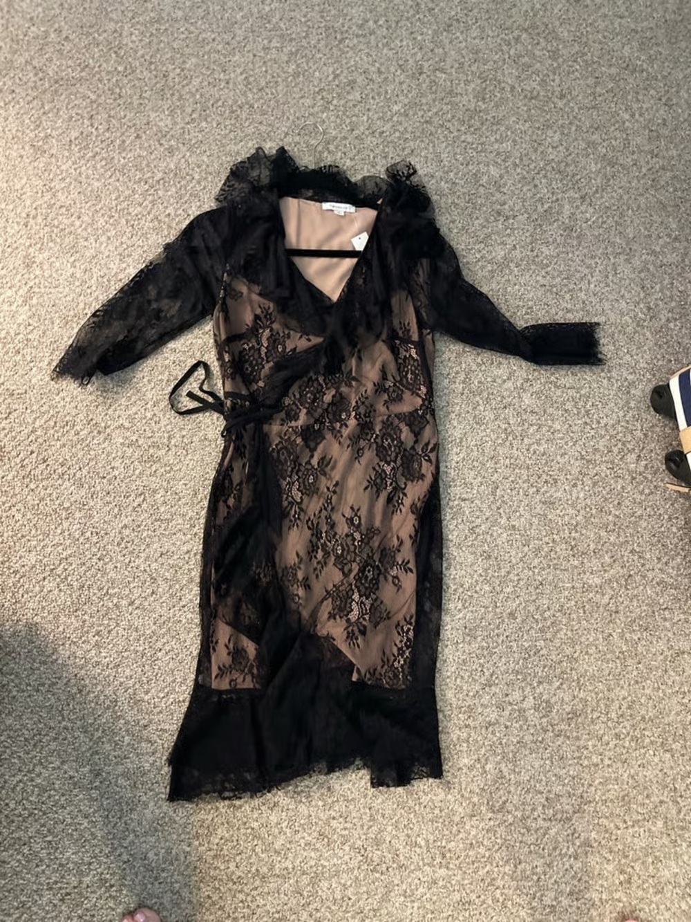 Black Lace Wrap Midi Dress with Nude Lining